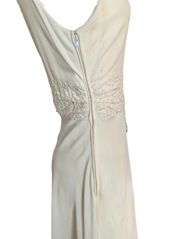 Late 1990s 1930s-Revival Ivory Wedding Gown with Asymmetrical Beaded Fringe Sash