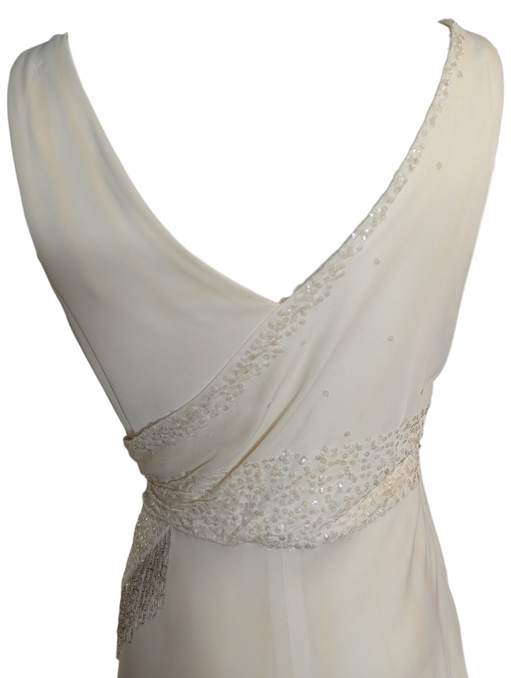 Late 1990s 1930s-Revival Ivory Wedding Gown with Asymmetrical Beaded Fringe Sash