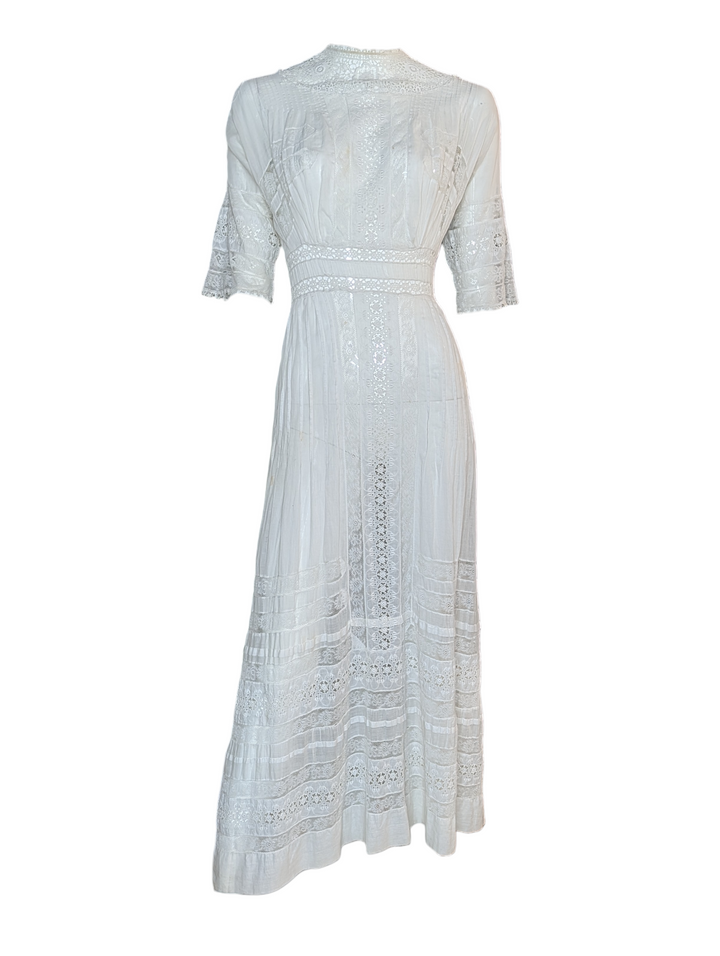 Edwardian White Cotton Eyelet Lace Wedding Gown with High Neck and Pintuck Detailing