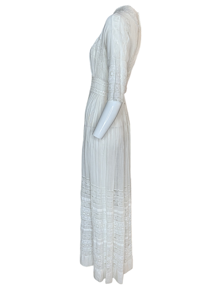 Edwardian White Cotton Eyelet Lace Wedding Gown with High Neck and Pintuck Detailing