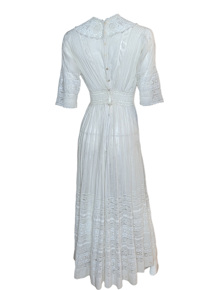 Edwardian White Cotton Eyelet Lace Wedding Gown with High Neck and Pintuck Detailing