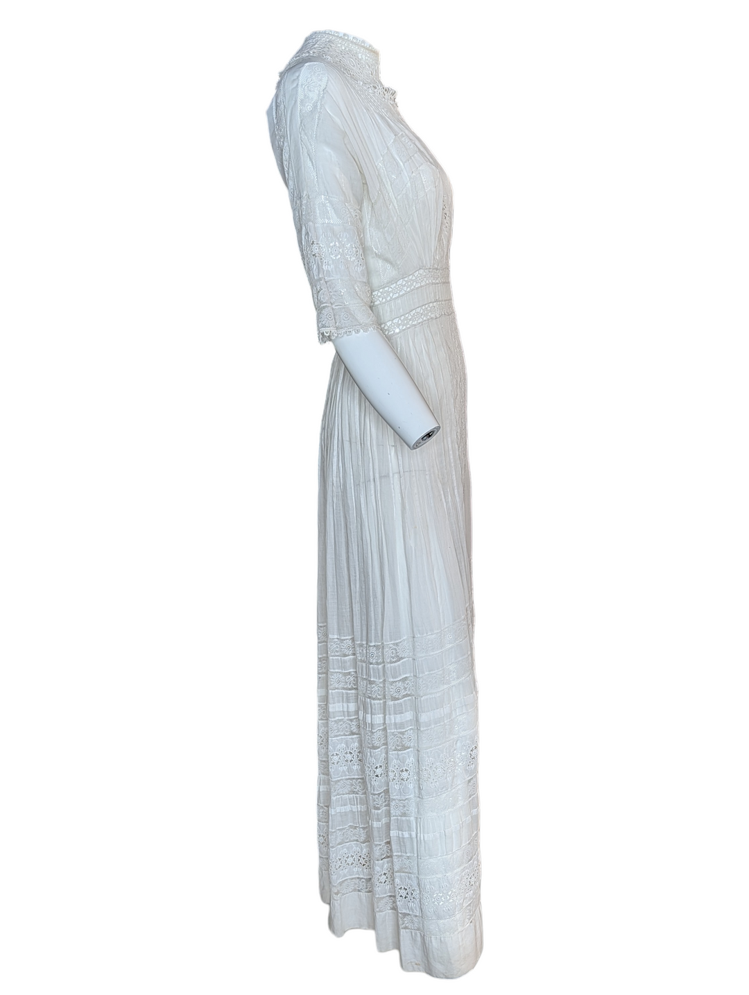 Edwardian White Cotton Eyelet Lace Wedding Gown with High Neck and Pintuck Detailing