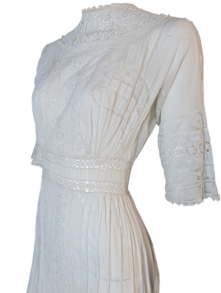 Edwardian White Cotton Eyelet Lace Wedding Gown with High Neck and Pintuck Detailing
