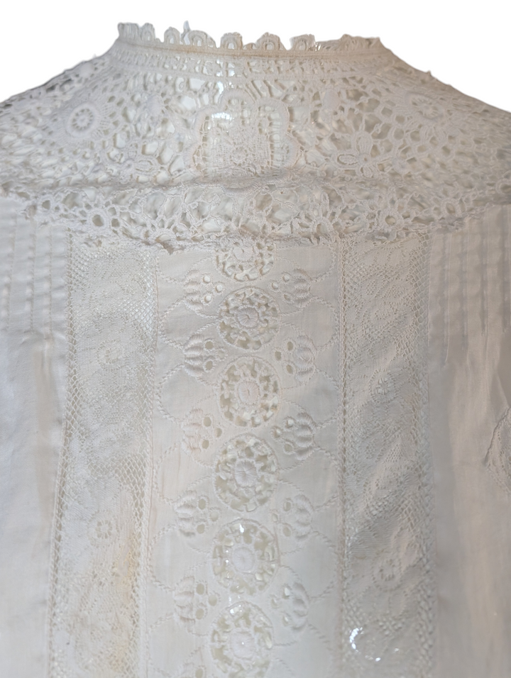 Edwardian White Cotton Eyelet Lace Wedding Gown with High Neck and Pintuck Detailing