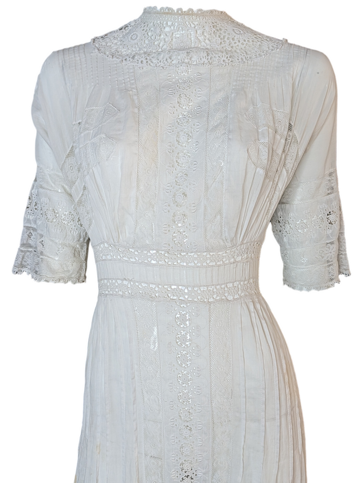 Edwardian White Cotton Eyelet Lace Wedding Gown with High Neck and Pintuck Detailing