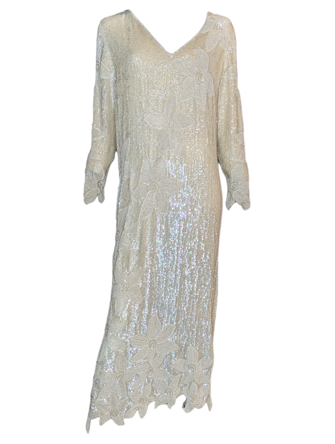 1970s John Anthony Ivory Beaded Sequin Gown