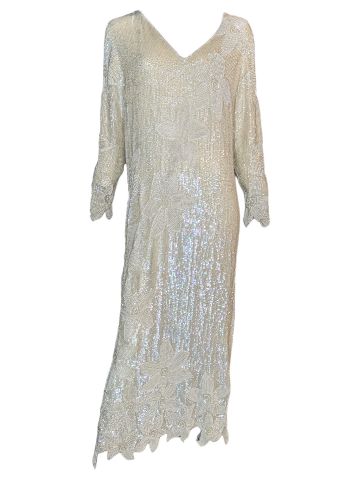 1970s John Anthony Ivory Beaded Sequin Gown