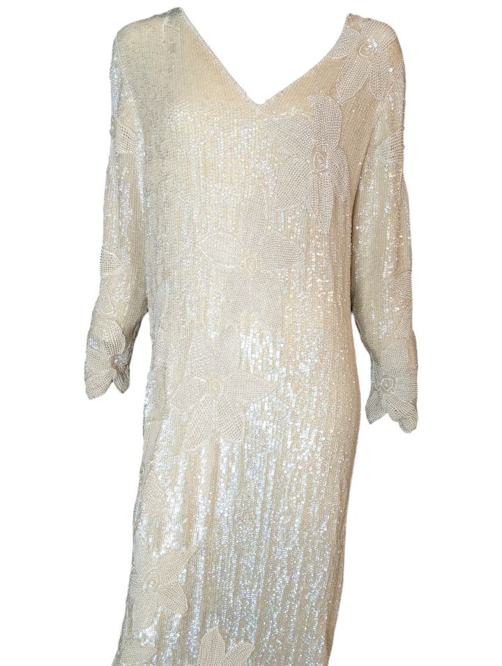 1970s John Anthony Ivory Beaded Sequin Gown