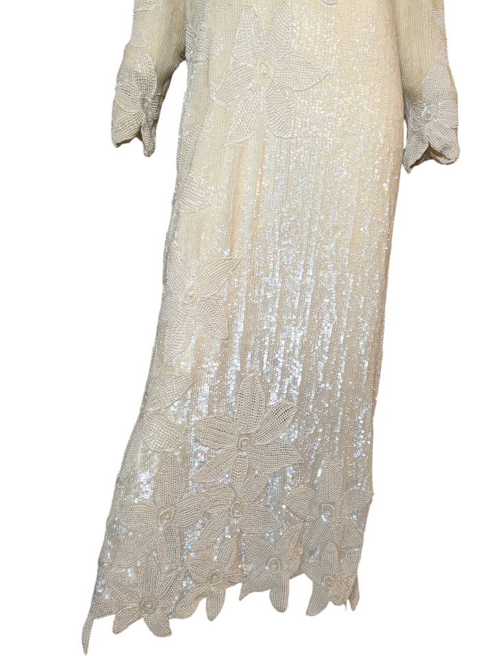 1970s John Anthony Ivory Beaded Sequin Gown