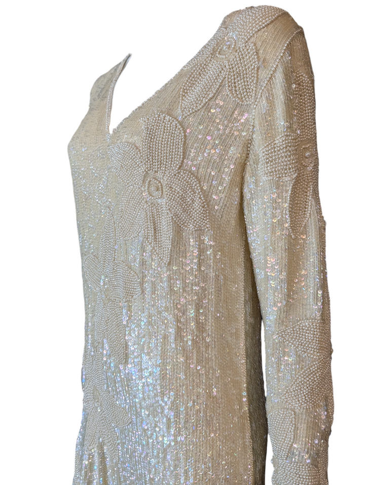 1970s John Anthony Ivory Beaded Sequin Gown
