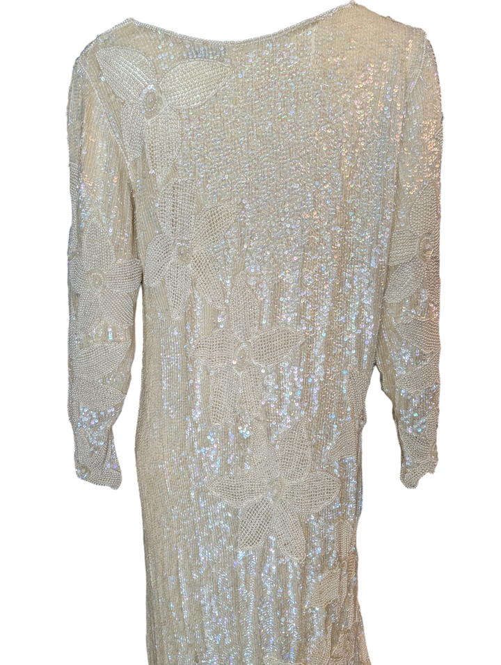 1970s John Anthony Ivory Beaded Sequin Gown