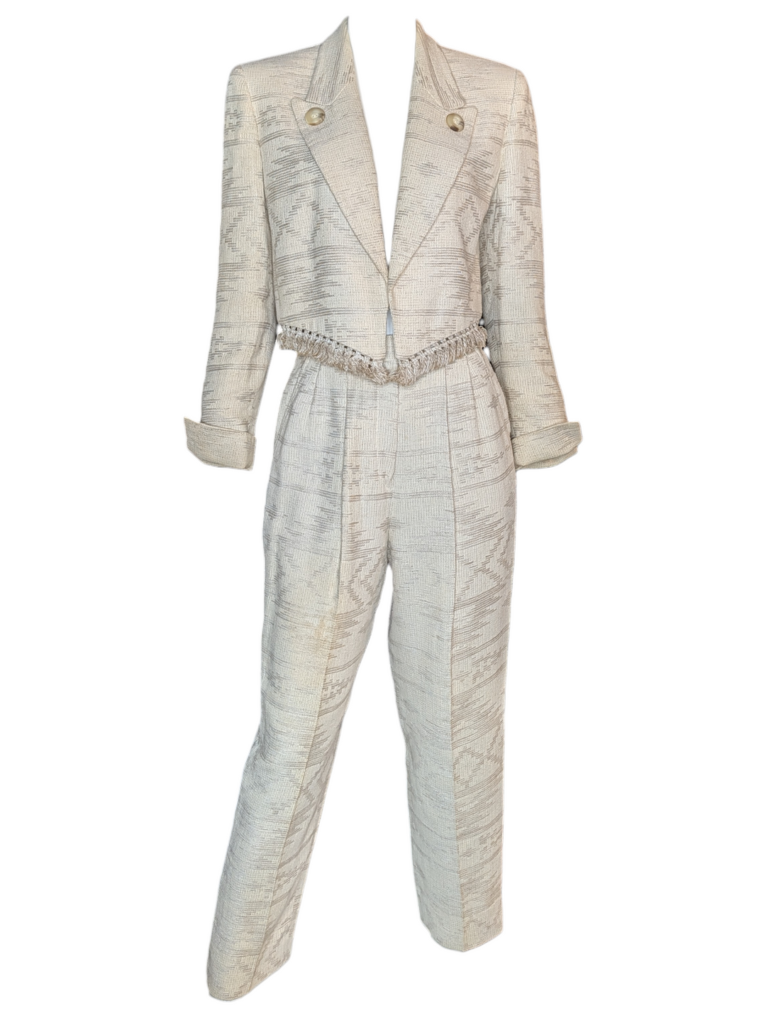 Christian Dior Marc Bohan Ivory Boucle Jacquard Suit, Late 1980s