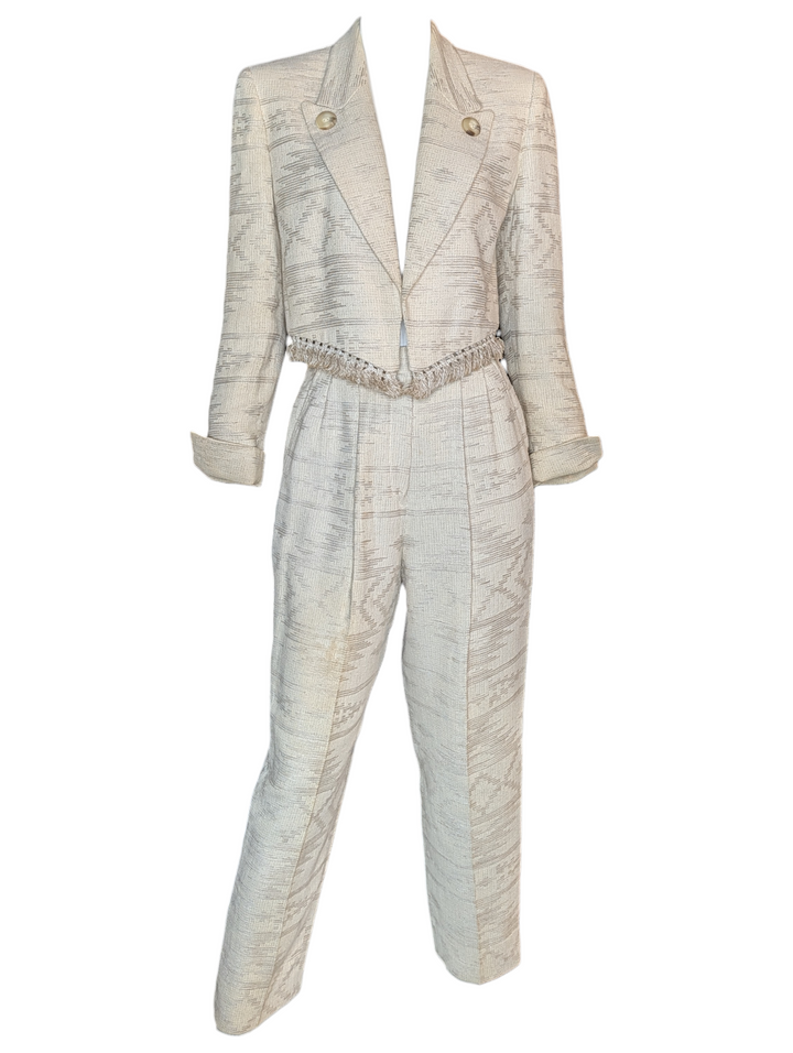 Christian Dior Marc Bohan Ivory Boucle Jacquard Suit, Late 1980s