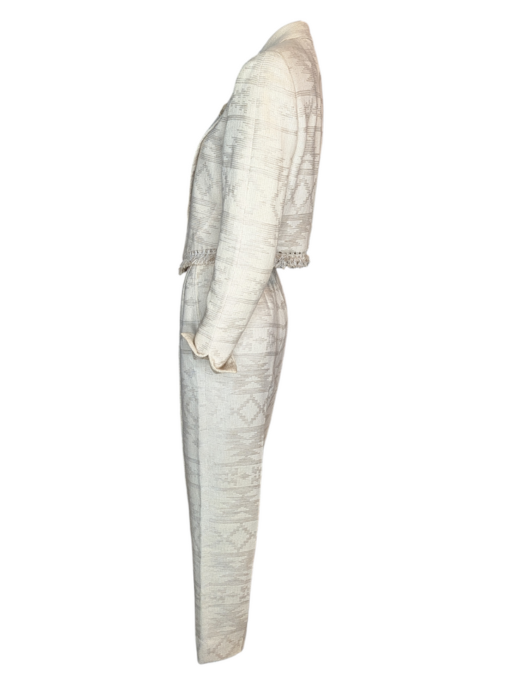 Christian Dior Marc Bohan Ivory Boucle Jacquard Suit, Late 1980s