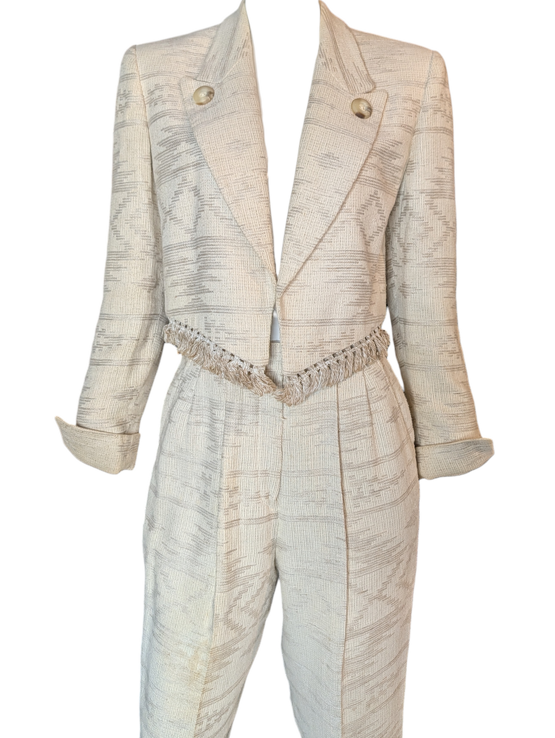 Christian Dior Marc Bohan Ivory Boucle Jacquard Suit, Late 1980s