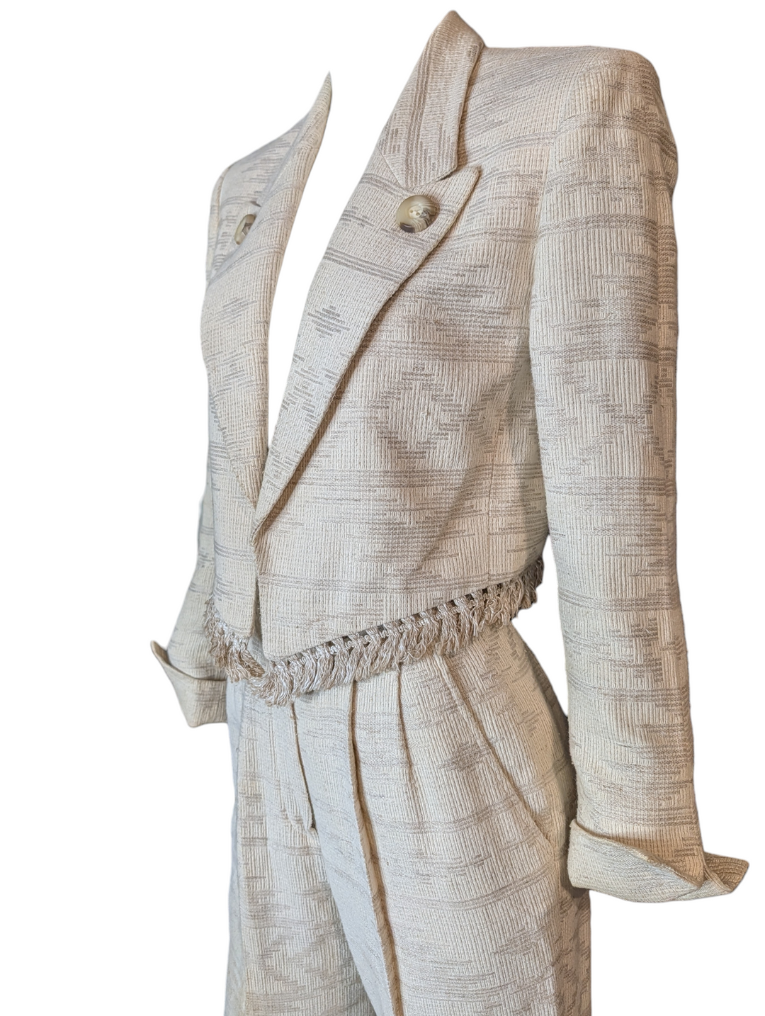 Christian Dior Marc Bohan Ivory Boucle Jacquard Suit, Late 1980s