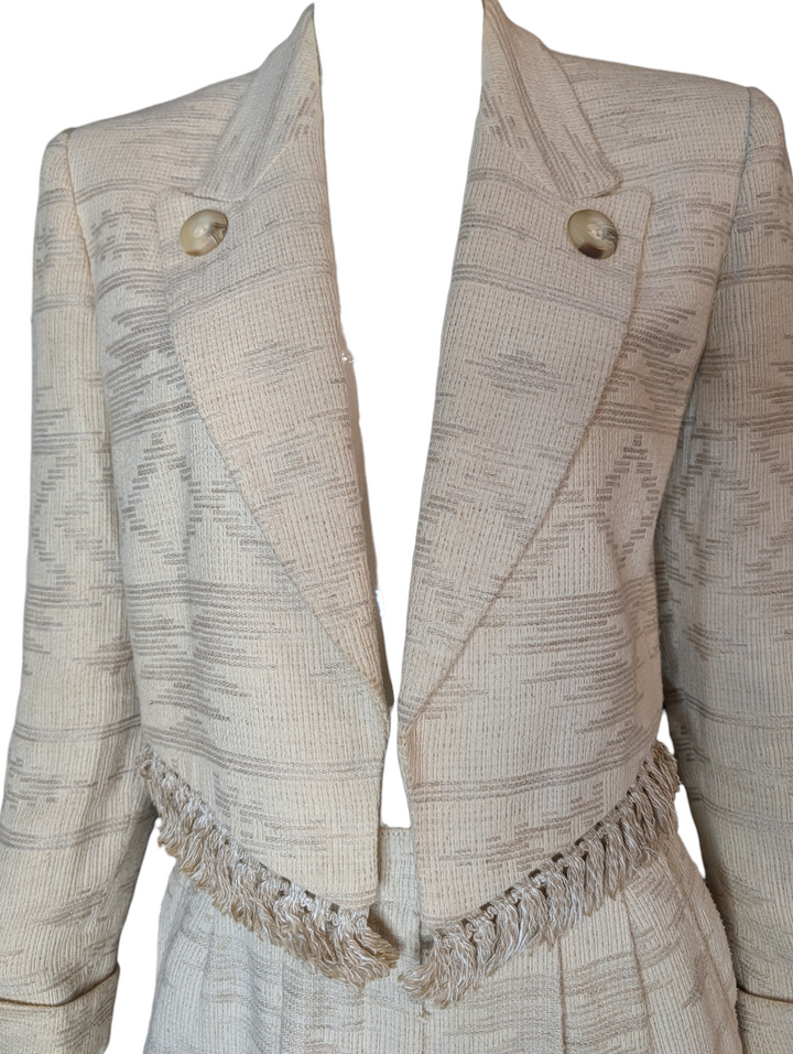 Christian Dior Marc Bohan Ivory Boucle Jacquard Suit, Late 1980s