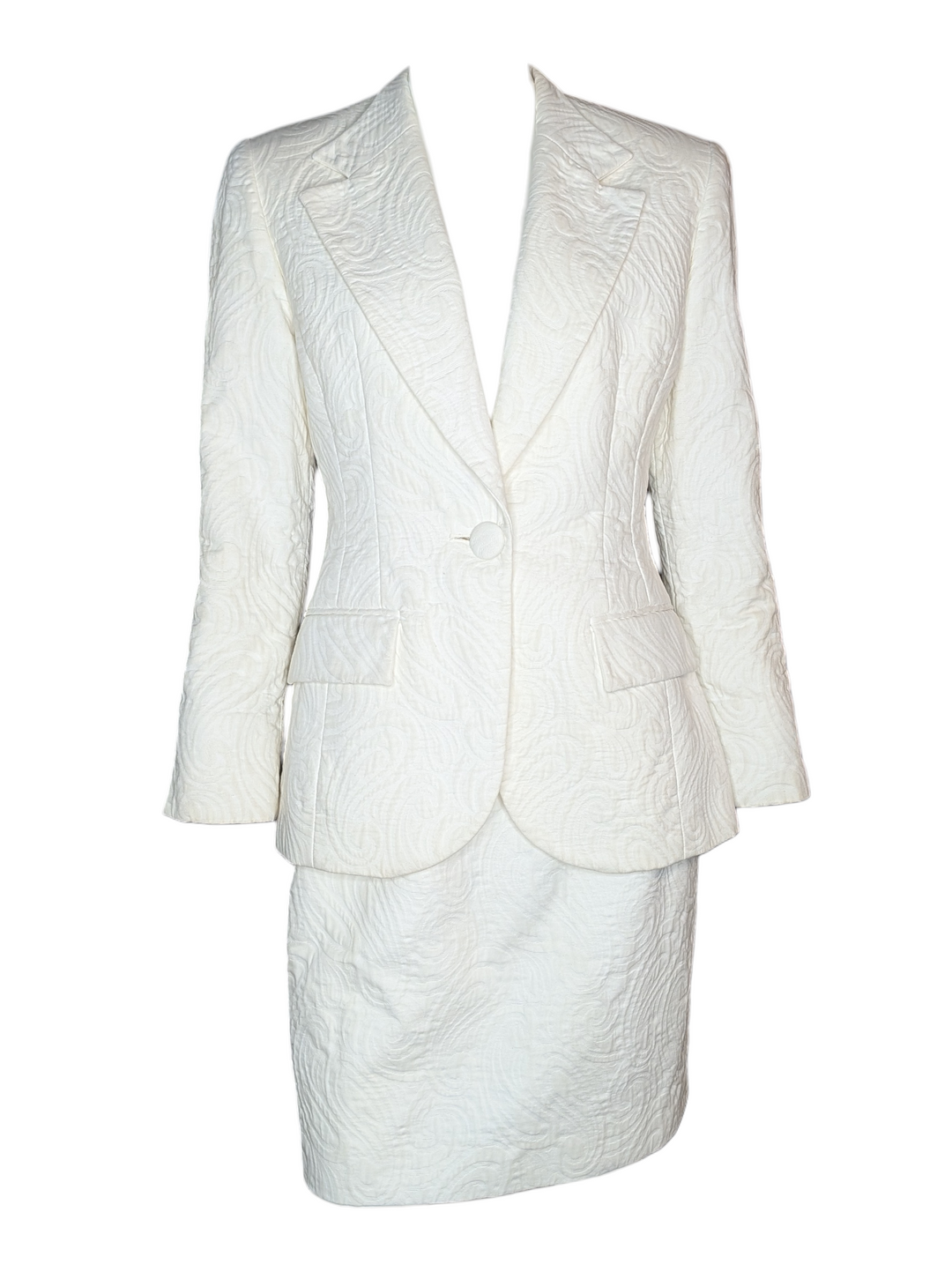 1990s Christian Dior Ivory Textured Jacquard Skirt Suit