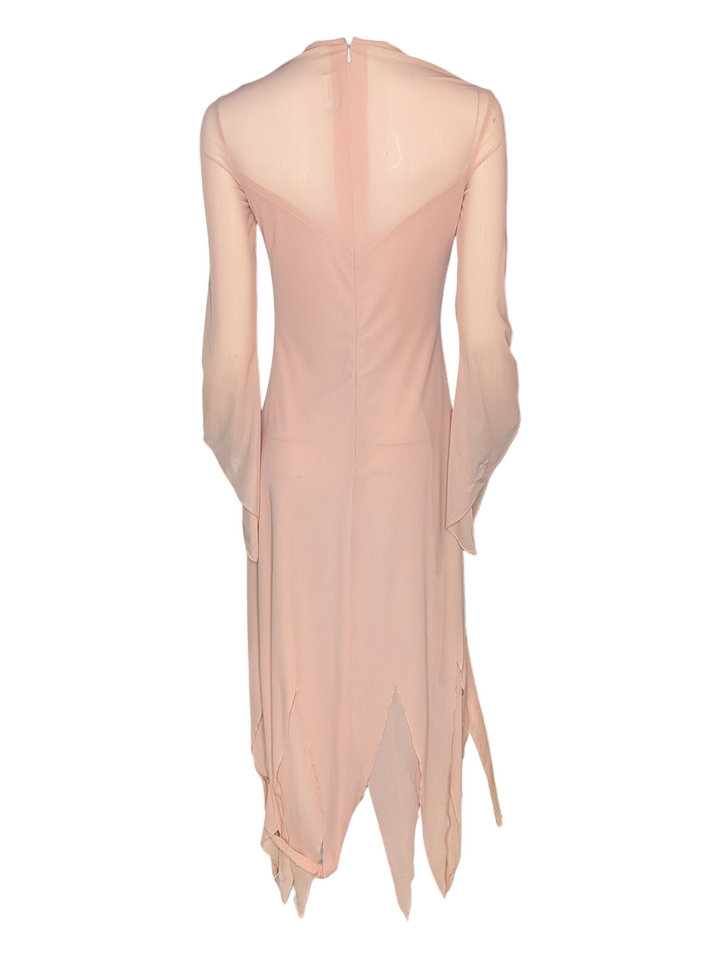 1970s Ingrid Cado Peach Rayon Jersey Evening Gown with Hankerchief Hem