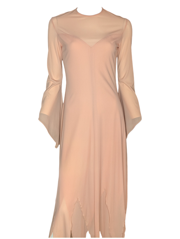 1970s Ingrid Cado Peach Rayon Jersey Evening Gown with Hankerchief Hem
