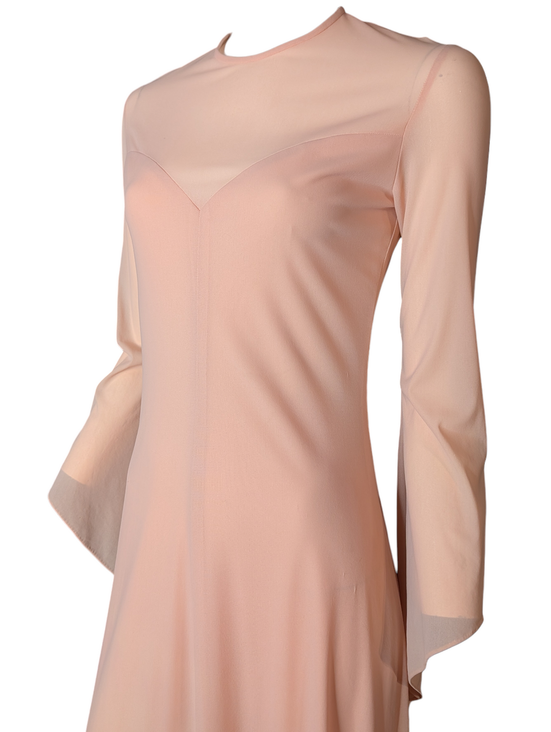 1970s Ingrid Cado Peach Rayon Jersey Evening Gown with Hankerchief Hem