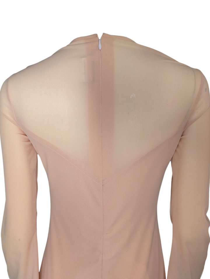 1970s Ingrid Cado Peach Rayon Jersey Evening Gown with Hankerchief Hem