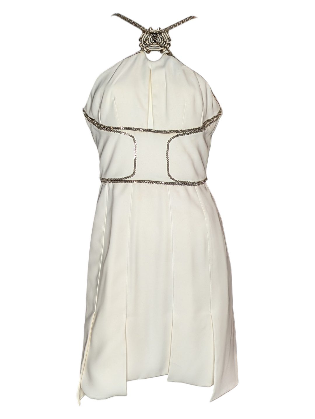 Versace White Halter Mini Dress with Crystal Chain Trim and Open Back
