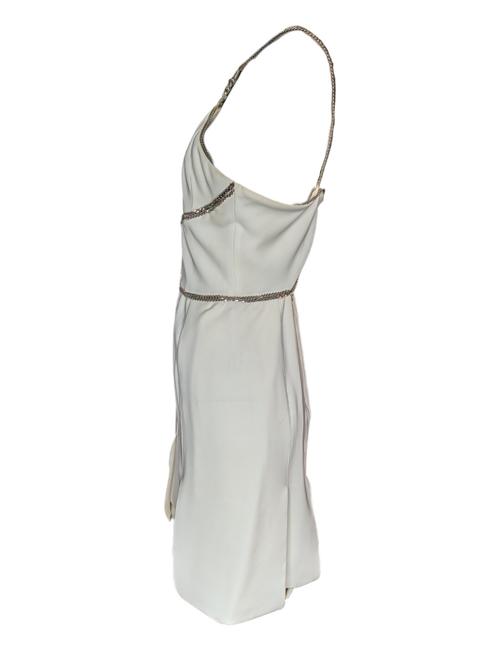 Versace White Halter Mini Dress with Crystal Chain Trim and Open Back