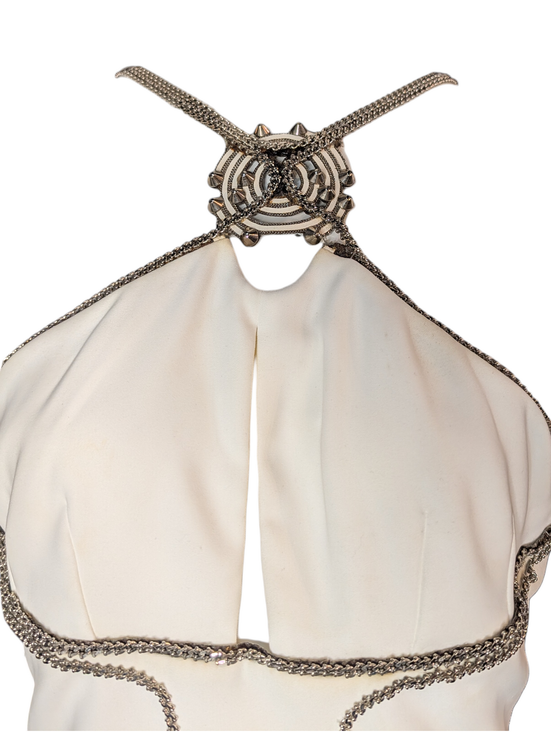 Versace White Halter Mini Dress with Crystal Chain Trim and Open Back