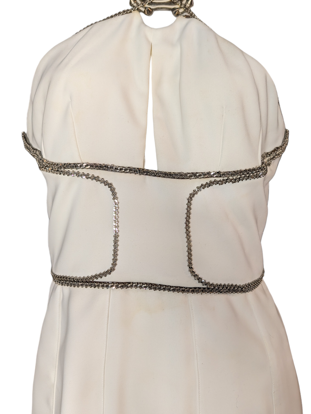 Versace White Halter Mini Dress with Crystal Chain Trim and Open Back