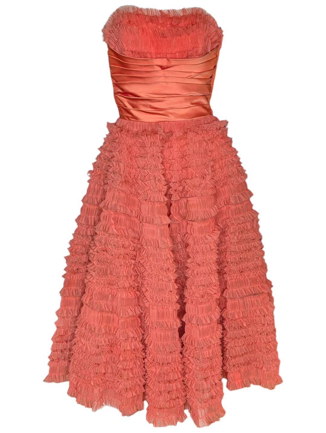 1950s Strapless Pink Ruffled Tulle Party Dress
