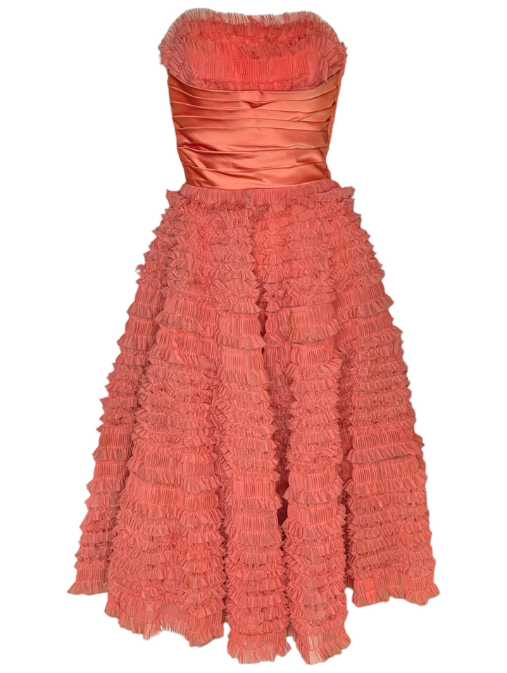 1950s Strapless Pink Ruffled Tulle Party Dress