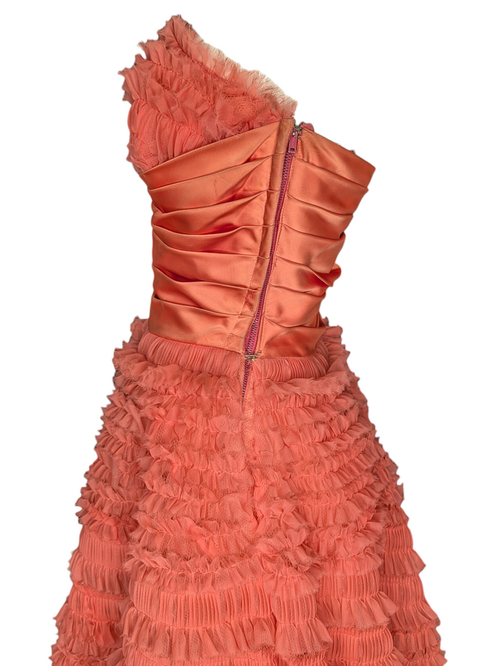 1950s Strapless Pink Ruffled Tulle Party Dress