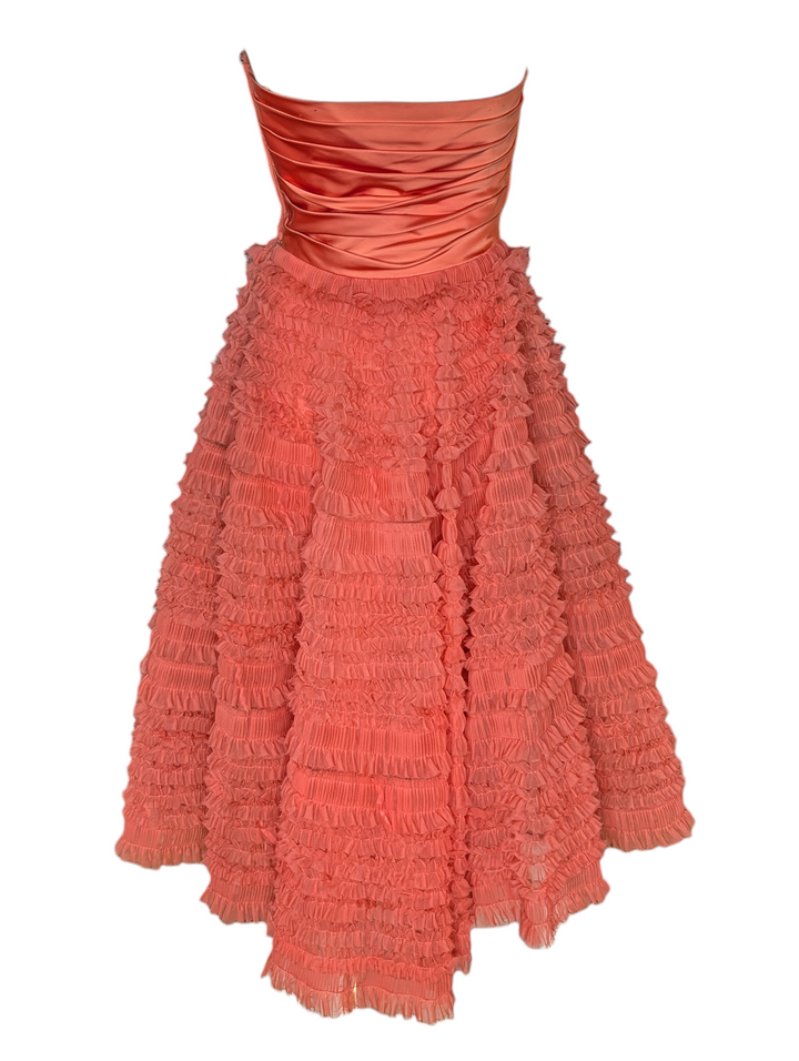 1950s Strapless Pink Ruffled Tulle Party Dress