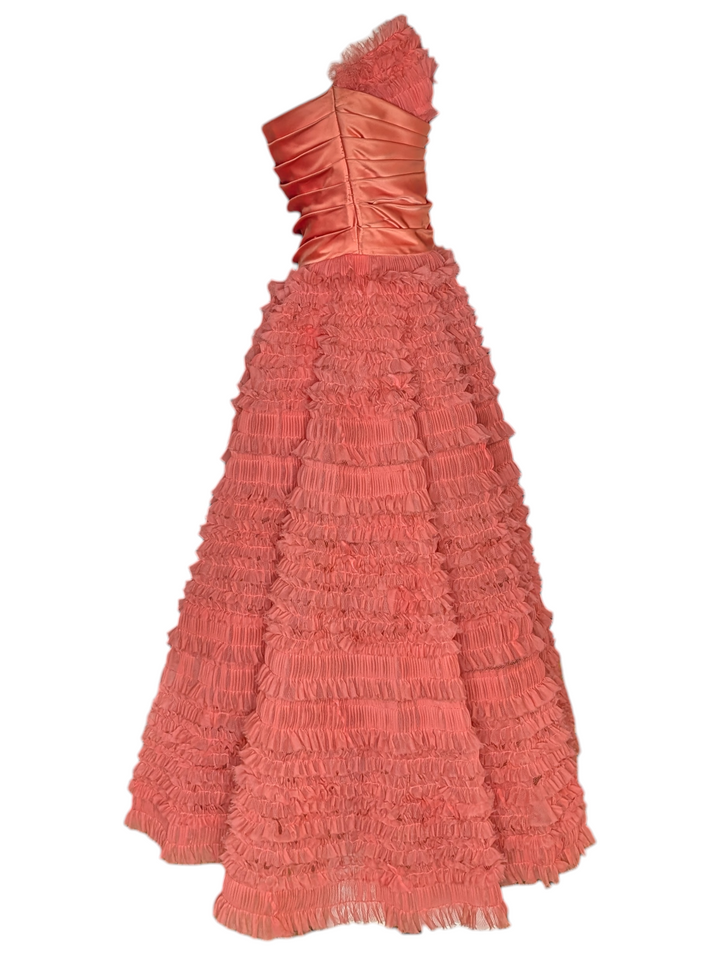 1950s Strapless Pink Ruffled Tulle Party Dress