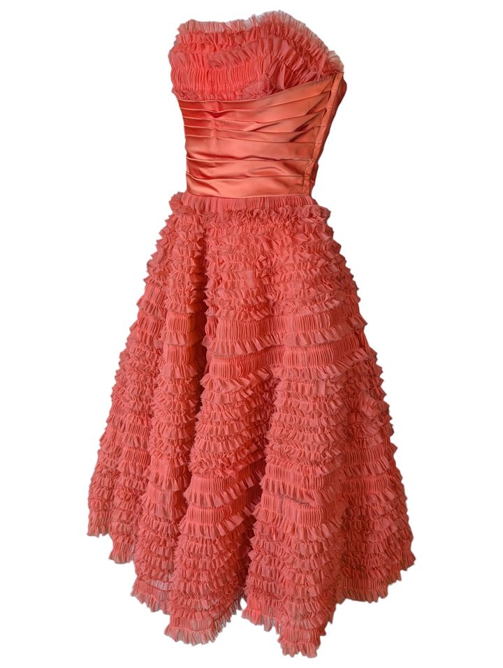 1950s Strapless Pink Ruffled Tulle Party Dress