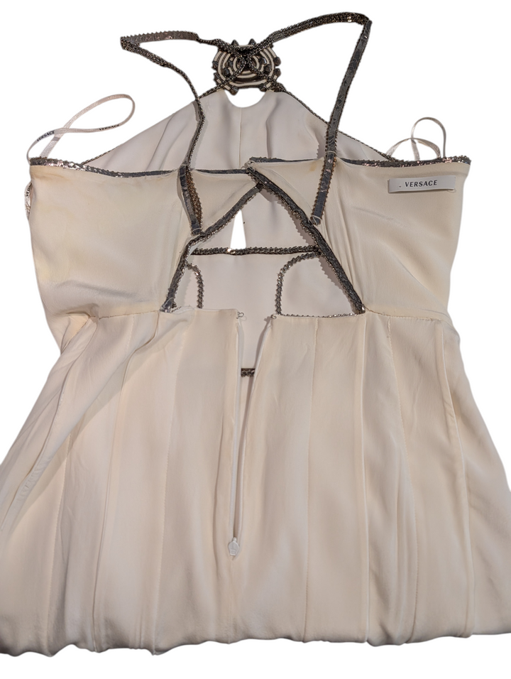 Versace White Halter Mini Dress with Crystal Chain Trim and Open Back