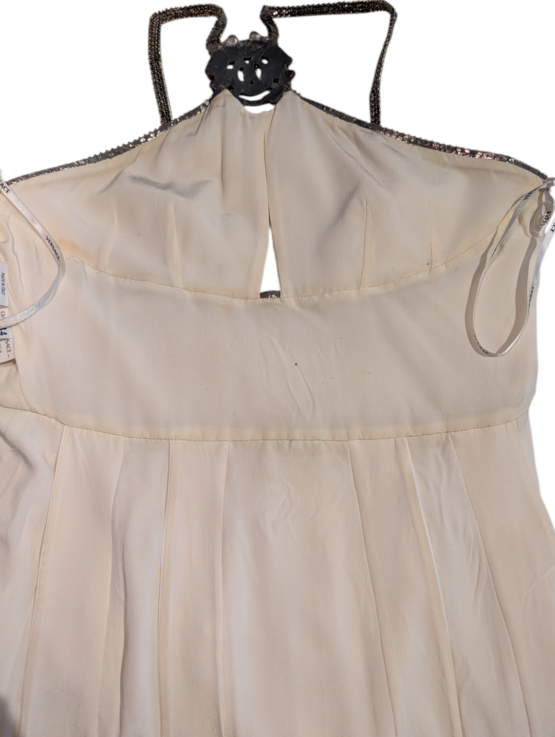 Versace White Halter Mini Dress with Crystal Chain Trim and Open Back