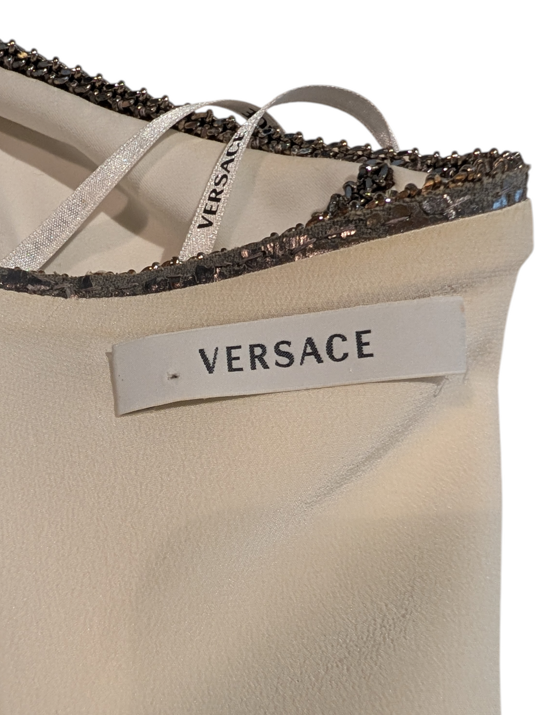 Versace White Halter Mini Dress with Crystal Chain Trim and Open Back