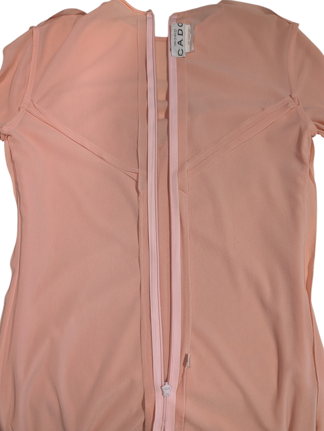 1970s Ingrid Cado Peach Rayon Jersey Evening Gown with Hankerchief Hem