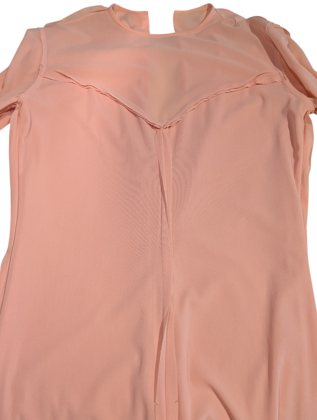 1970s Ingrid Cado Peach Rayon Jersey Evening Gown with Hankerchief Hem