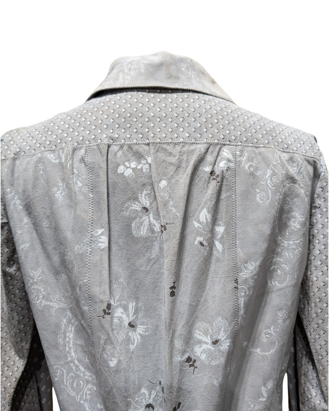 1970s Roberto Cavalli for Crissa Dove Grey Printed Suede Patchwork Jacket and Skirt Set