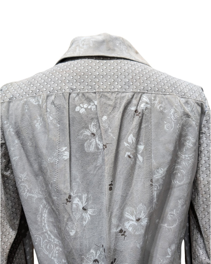 1970s Roberto Cavalli for Crissa Dove Grey Printed Suede Patchwork Jacket and Skirt Set