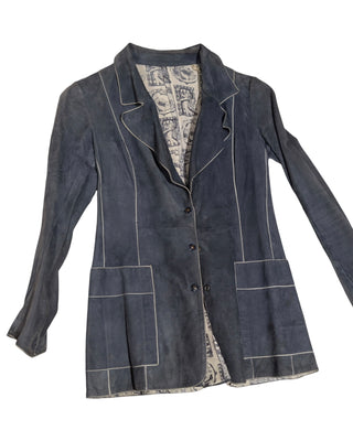 Look 08 — Slate Suede Jacket &amp; Printed Geometric Skirt