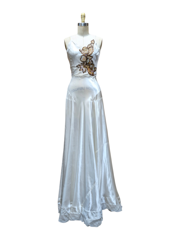 1930s Ivory Bias-Cut Silk Satin Trained Gown with Sequin Appliqué