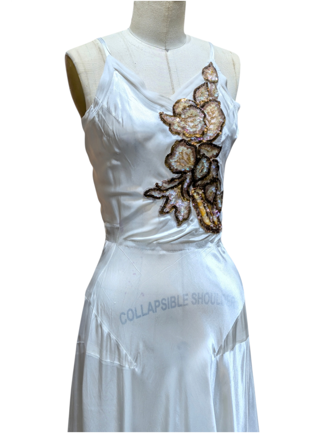 1930s Ivory Bias-Cut Silk Satin Trained Gown with Sequin Appliqué