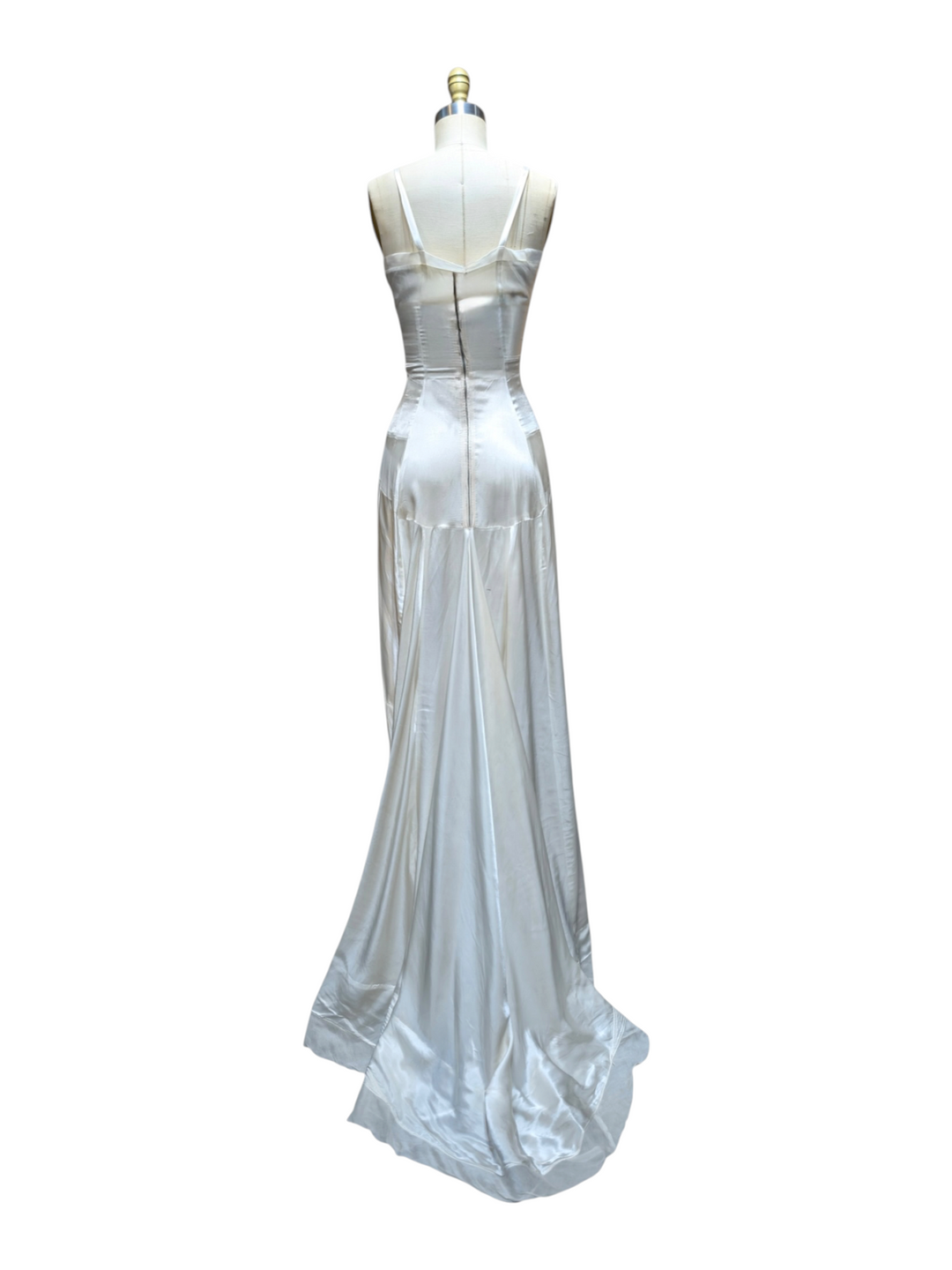 1930s Ivory Bias-Cut Silk Satin Trained Gown with Sequin Appliqué
