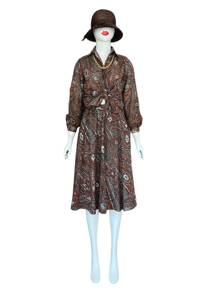 Two piece skirt and blouse set with burgundy and brown paisley pattern - evan picone