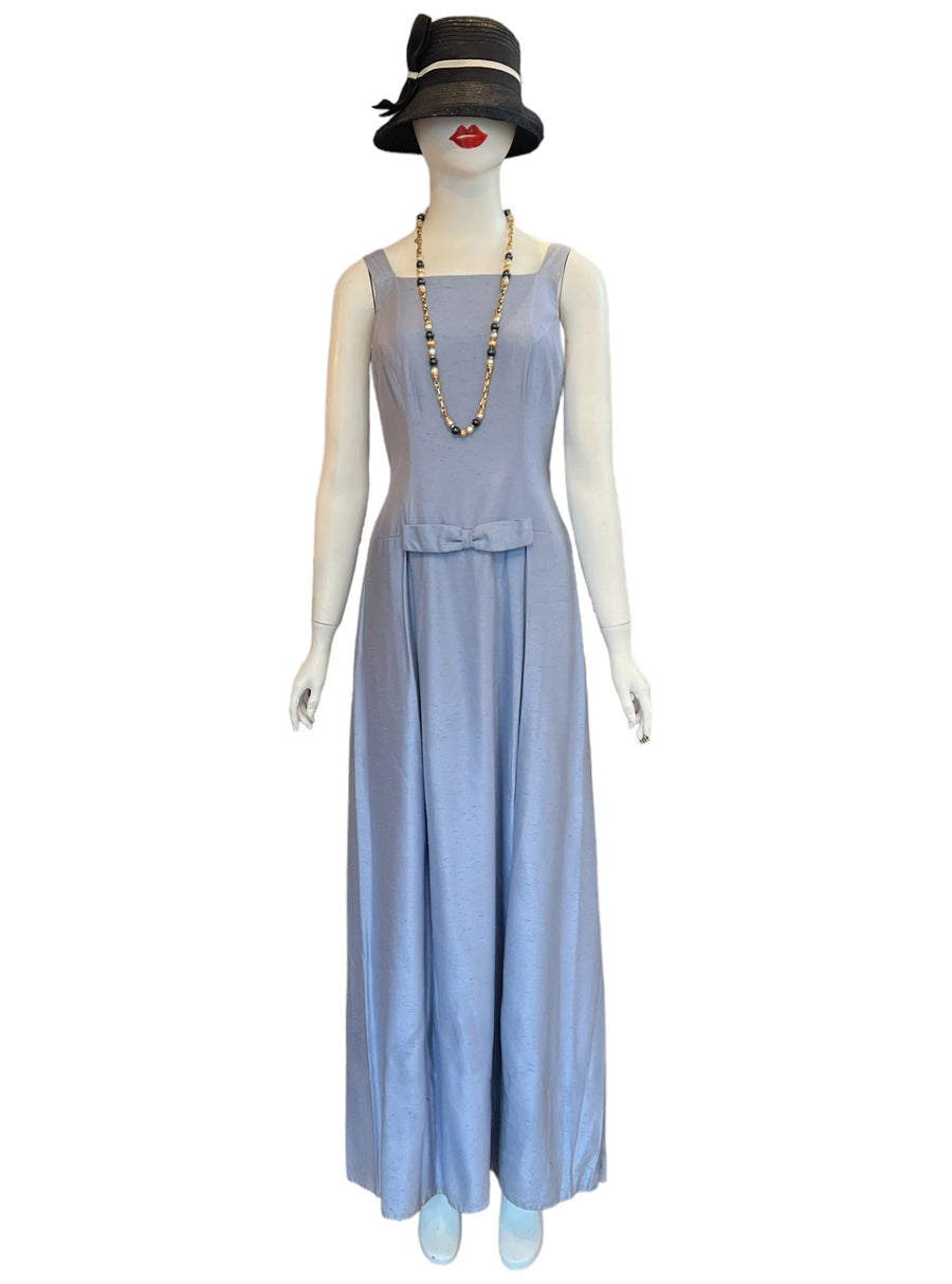 Periwinkle Long Dress with a Bow: Drop waist vintage evening dress or gown sleeveless