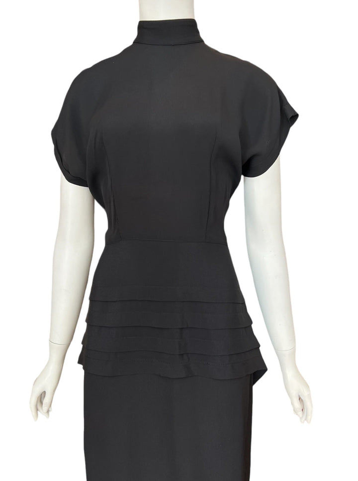 vintage LBD: short sleeved, high neck, peplum tiered waist cocktail dress